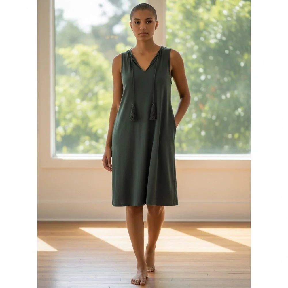 Michael Kors Olive Green Sleeveless V-Neck Dress with Tassel Tie